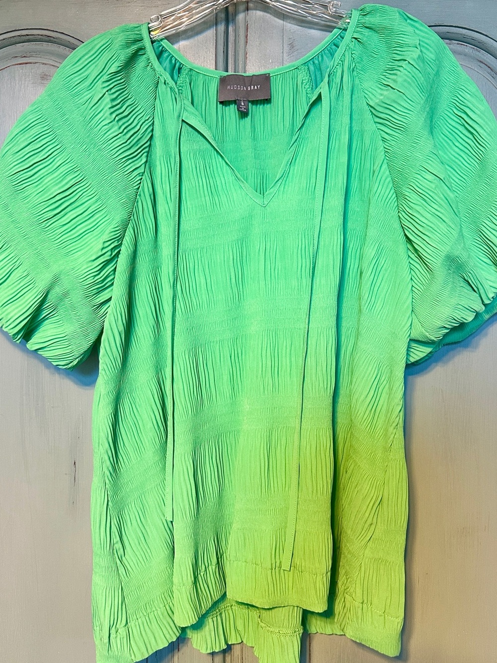 Pleated V-Neck Puff Sleeve Blouse in Bright Green